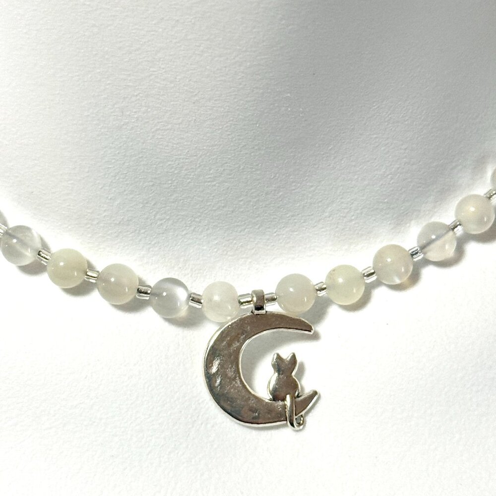 White Moonstone Silver Cat on the Moon Necklace, Genuine Gemstone Beaded Choker